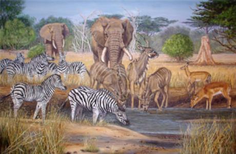 Elefant,Kudu,Impala,Zebras am Wasserloch (2007) - Karin Broszeit-Borchert - Array auf Array - Array - Elefant,Kudu,Impala,Zebras am Wasserloch (2007) - Karin Broszeit-Borchert - Array auf Array - Array -